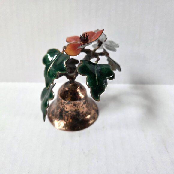 Vintage Bovano of Cheshire Enamel Bell Orange Flowers Green Leaves 4" Tall - Picture 4 of 8